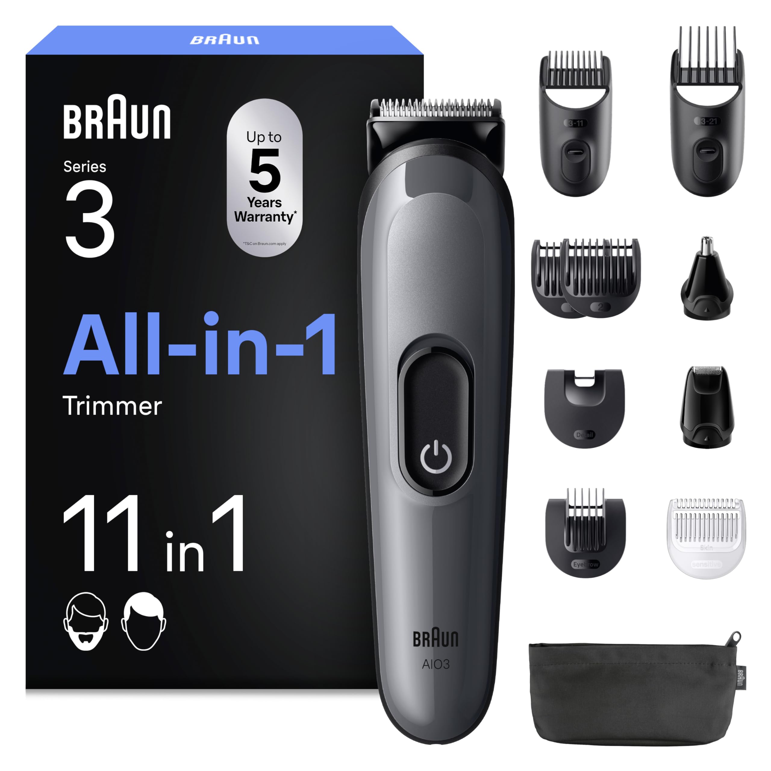HerrenLux All-in-One Trimmer-Set 3, 11-in-1 Multigroom, Barttrimmer, Nasenhaartrimmer, AIO3565, Grau