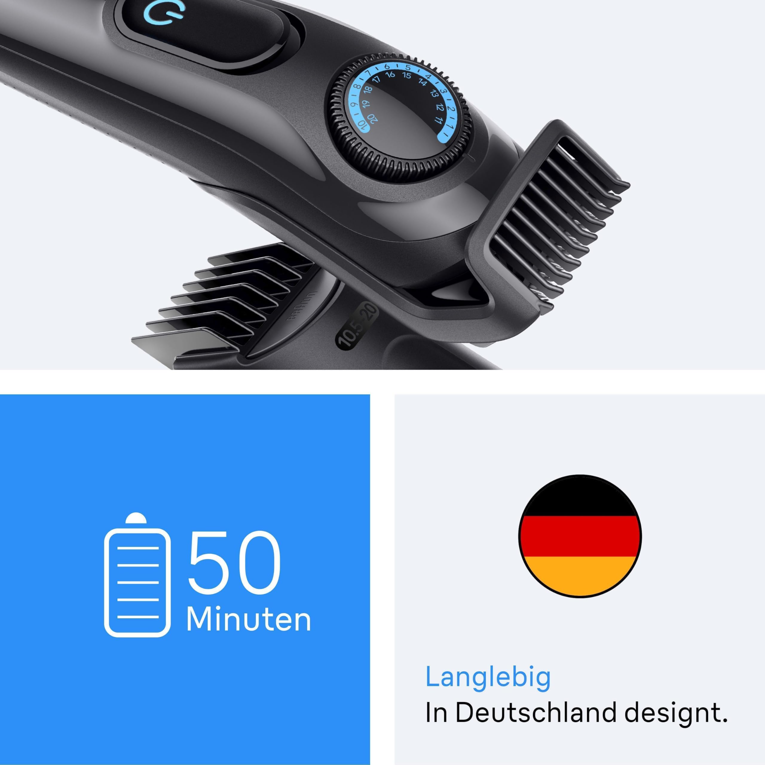 HerrenLux Barttrimmer Series 3, Elektrischer Bartschneider Herren, 6 Zubehörteile, BT3565, Schwarz/Blau